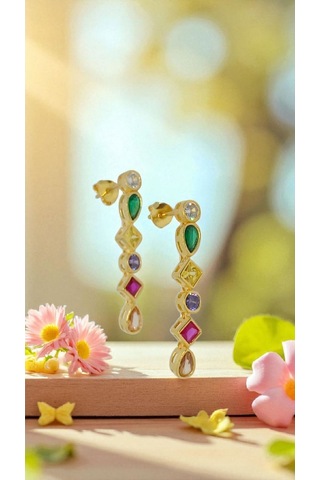 925 Ayar Gökkuşağı Renkli Taşlı Gümüş Küpe Zarif Ve Renkli Tasarım Gümüş