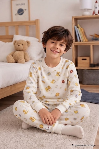 Erkek Çocuk Yeni Sezon Pamuklu Desenli Pijama Takım Tkm1022 Krem