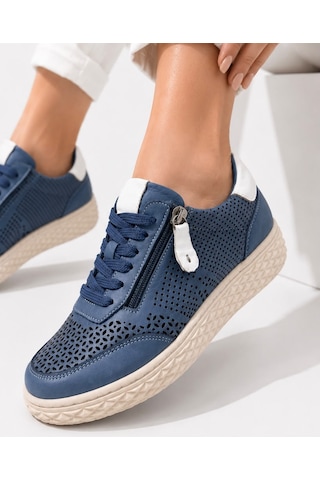 Papucumun Dünyası Kadın Hakiki Deri Nefes Alan Ortopedik Konfor Yan Fermuar Detaylı Sneaker Mavi