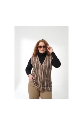 Onno Style Women Büyük Beden Kazayağı Desen Renkli Çelik Örgü Triko Kadın Yelek Krem