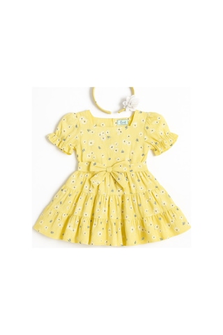 Saç Aksesuarlı Çiçekli Kız Çocuk Elbise Sarı