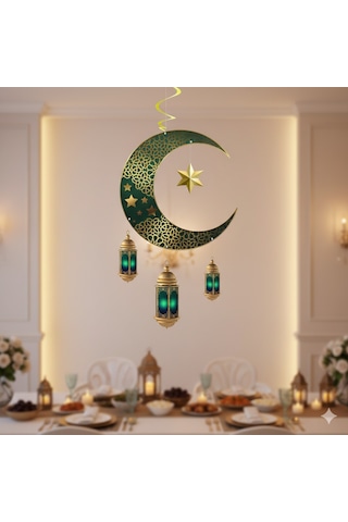 Ramazan Ay Yıldız Kandil Tavan Süs Sarkıt 90x30 Cm Yeşil Dekor
