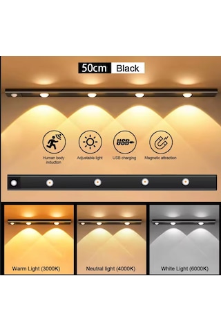 Siyah Renk 4 Led 50 Cm Hareket Sensörlü Led Işık Tezgah Altı Ofis Ev Led Lamba Çok Renkli