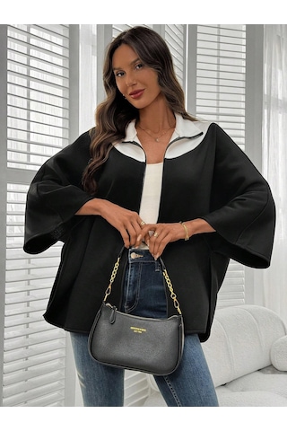 Kadın Panço Fermuarlı Sweat Oversize Kesim, 3 İplik Şardonlu Kumaş Siyah