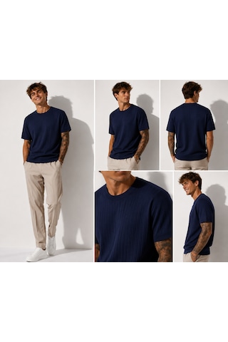 Ribana Erkek Kısa Kollu Fitilli Bisiklet Yaka Esnek T-shirt 26113 Lacivert