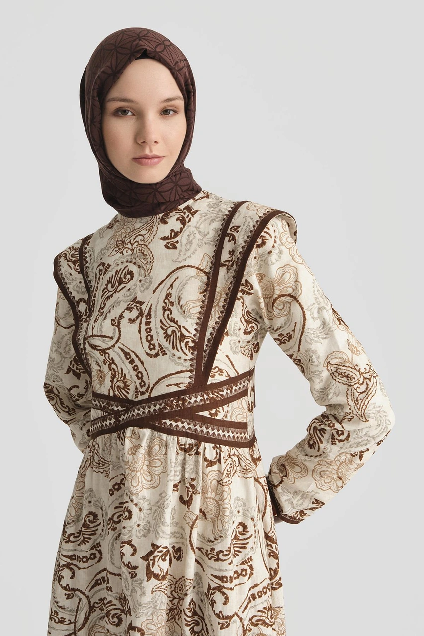 Armine Etnik Desenli Keten Elbise 25y9008 Kahverengi Kahverengi