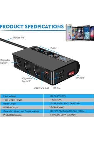 Ranyeek 180w Araç Şarj Cihazı - 4 Usb Qc3.0 Dahil 12-24v Led Voltmetre Ve Sigara Ateşleyici Fonksiyonu Siyah Lacivert - Turuncu