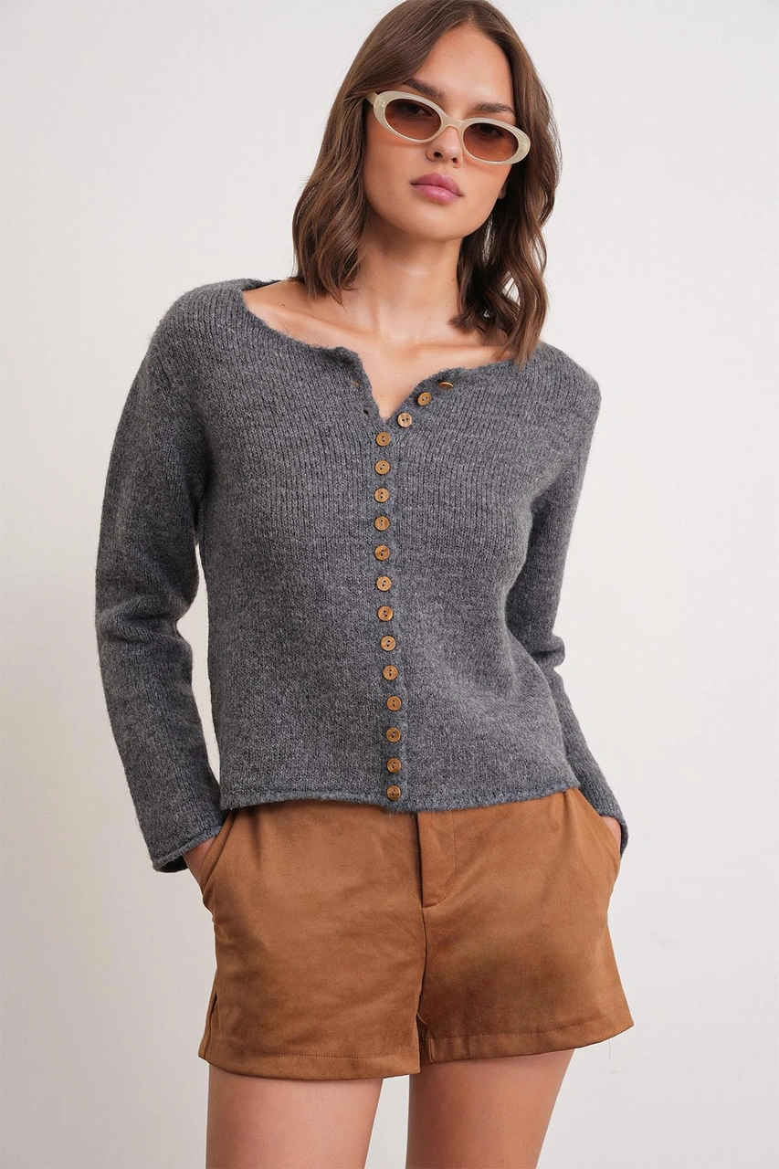 6957 Kadın Düğmeli Bisiklet Yaka Triko Hırka Antrasit Antrasit