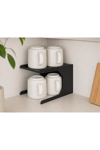 Mutfak Dolap İçi Kupa Organizer Rafı 2 Katlı Bardak Düzenleyici Stand 12x21x13 Cm Siyah