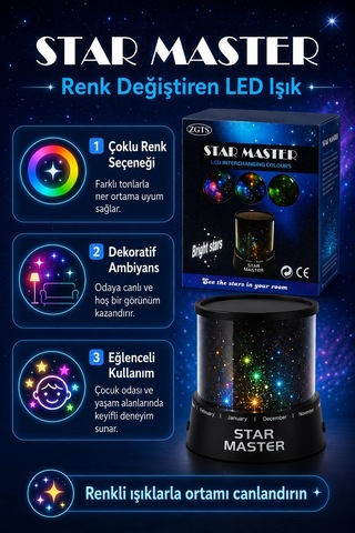 Renk Değiştiren Led Yıldız Projektör Gece Lambası Oda Tavanı İçin Dekoratif Işık Çok Renkli
