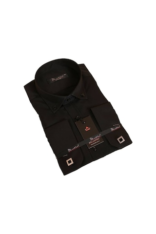 Siyah Düğmeli Yaka Ve Zincirli Uzun Kol Dar Kesim Micro Kumaş Kol Düğmeli Slim Fit Erkek Gömlek - 198-6 001