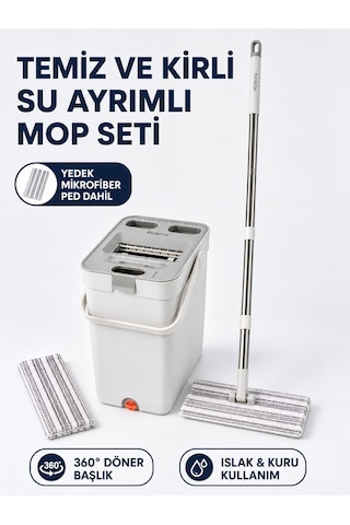 Temiz Ve Kirli Su Ayrımlı Mikrofiber Tablet Mop Ve Kovalı Temizlik Seti 360 Döner Başlık, 2 Yıkanabilir Bez