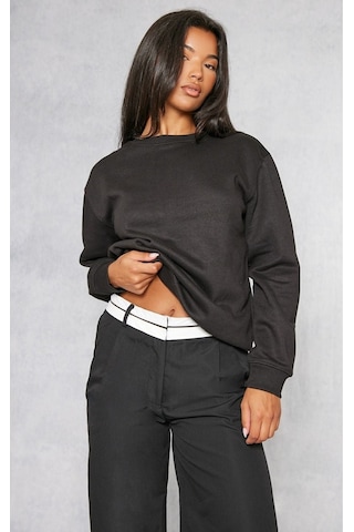 Düz Basic Sweatshirt - Siyah Uzun Kol Oversize Bisiklet Yaka Siyah
