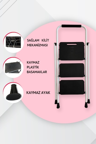 Portalife 3 Basamaklı Uzun Tutacaklı Şık Çelik Merdiven - Beyaz 3 Basamak