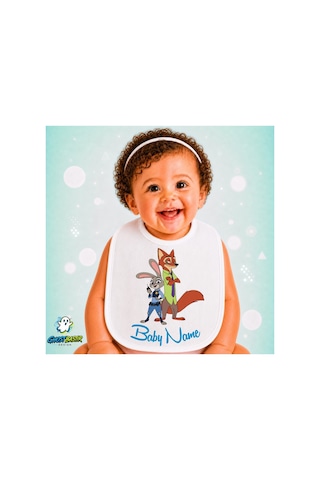 Kişiye Özel Zootropolis Keten Bebek Mama Önlüğü Yumuşak - Emici - Yıkanabilir - Özel Tasarım P115 Çok Renkli