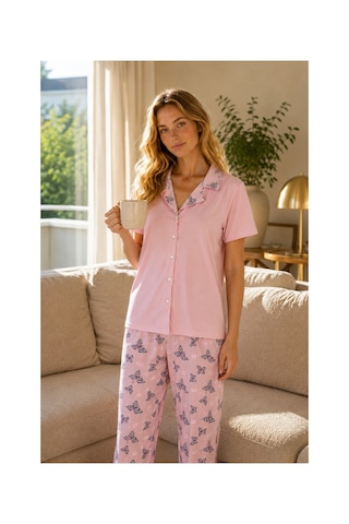 Rindahomewear Kadın Milan Düğmeli Pijama Takımı Pembe