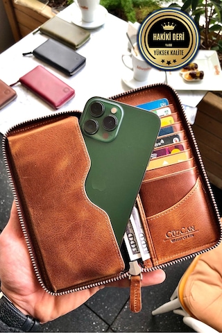 Leo Taba Unisex Hakiki Deri Telefon Bölmeli Cüzdanı Taba