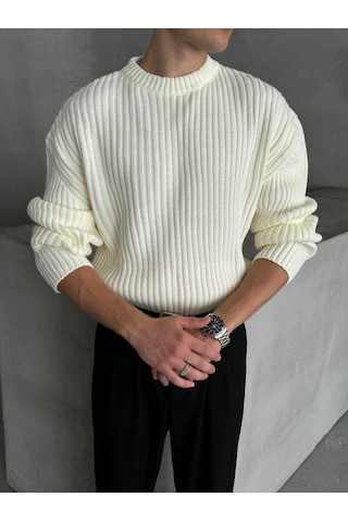 Erkek Fitilli Örme Oversize Kazak Beyaz
