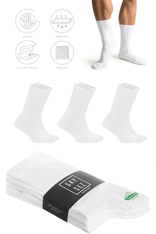 Saysez Bambu Erkek Soket Uzun Beyaz Çorap Dikişsiz Premium Paket 3'lü Beyaz