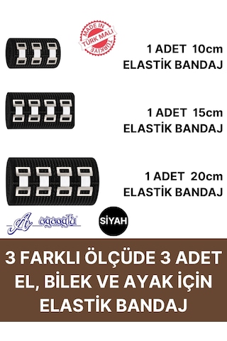 Elastik Bandaj Seti 3 Lü 1x10cm-1x15cm-1x20cm 12 Klipsli 4,5 Metreye Kadar Uzar, Spor Ve Günlük Kullanım Siyah