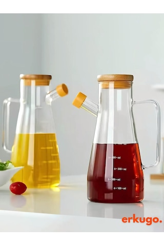 2 Adet Vakumlu Bambu Kapaklı Borosilikat Yağdanlık, Zeytinyağı Sıvıyağ Şişesi, Yağlık 900 Ml Oilpot