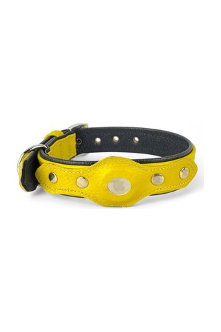 Airtag Uyumlu Flotter Deri Köpek Tasması El Yapımı, Yumuşak & Dayanıklı, Çift Katmanlı Doğal Deri Tornavida & Yedek Vida Dahil Sarı - Lacivert, S