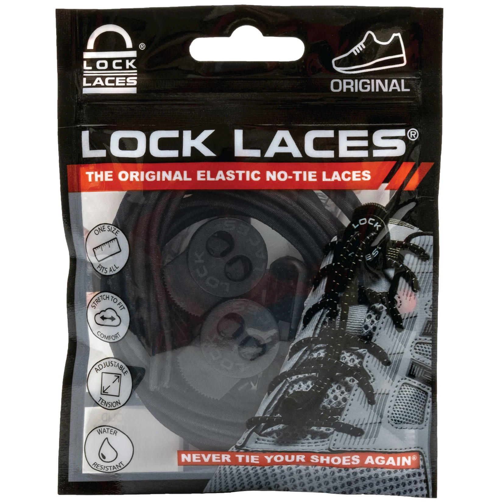 Locklaces Lock Laces Akıllı Esnek Bağcık - Bağlama Gerektirmeyen Kilitli Ayakkabı Bağcığı Ayarlanabilir Siyah (Beyaz Çizgili)