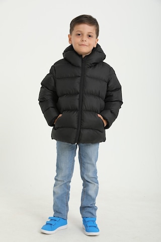 Freemen Erkek Çocuk Siyah Polarlı Kürklü Kapüşonlu Su Geçirmez Rüzgara Dayanıklı Şişme Kışlık Mont Siyah