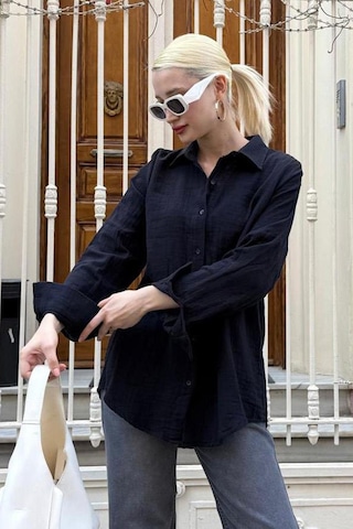 Madmext Lacivert Muslin Kumaş Basic Kadın Gömlek Mg1660 Lacivert
