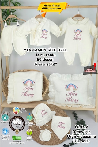 Gros Shop Müslin Yeni Doğan 4 Katlı Organik %100pamuk Kişiye Özgü Nakışlı Hastane Çıkış Seti-pudra Gökkuşağı Ekru