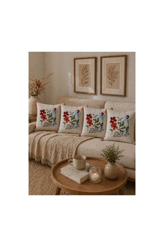 Punch Nakışlı Kırlent Kılıfı 45x45 Cm Kırlangıç Home Çapa Çiçek Desenli Turuncu-beyaz-çiçek
