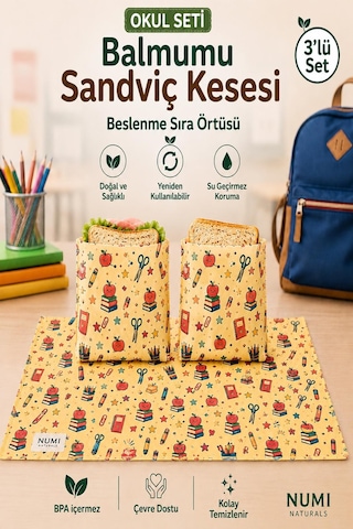 Okul Seti Beslenme Sıra Örtüsü & 2 Li Balmumlu Sandviç Kesesi Çok Renkli Okul Seti Beslenme Sıra Örtüsü & 2 Li Balmumlu Sandviç Kesesi Çok Renkli