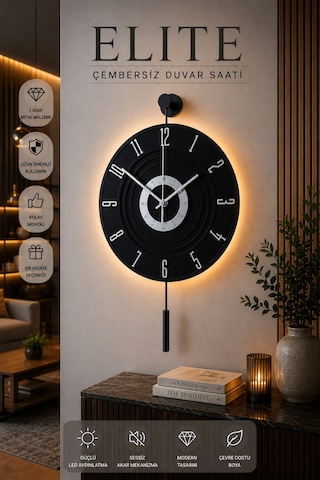 MetaQuartz Aksesuar Full Siyah - Gümüş Rakam - Kardelen 7-24 Kablosuz Pilli Led Modern Dekoratif Duvar Saati