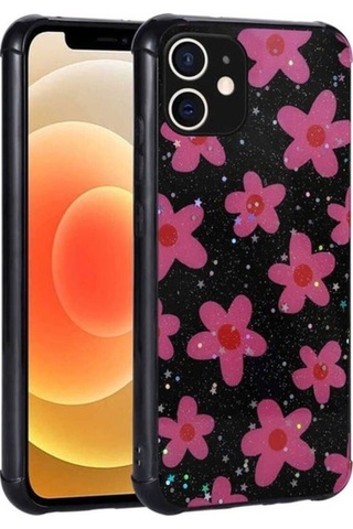 Apple Uyumlu iPhone 12 Kılıf Simli Desenli Kamera Korumalı Parlak Zore Popy Kapak Çiçek