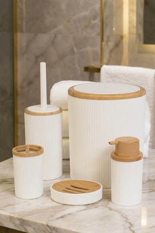 Makri Home Banyo Seti 5'li, Beyaz, Ahşap Desenli, Yuvarlak