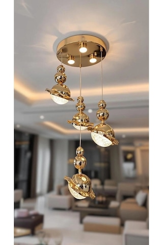 Bohem Aydınlatma Gold 3+1 Şapkalı Sarkıt 3 Renk Led Ayarlanabilir Başlık Modern Avize Gold