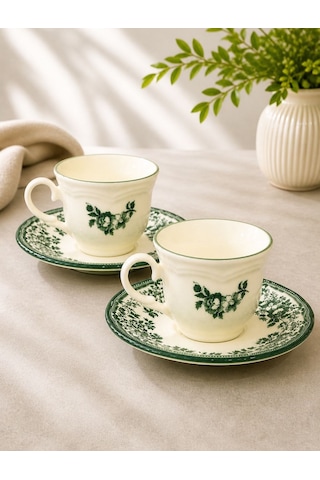 2 Kişilik Porselen Velour Green Çay Fincanı-5925 Yeşil