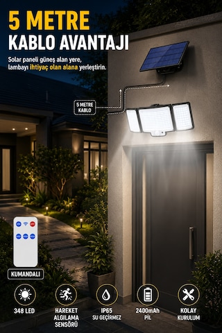 348 Led Solar Duvar Lambası, Güneş Enerjili Dış Mekan Aydınlatma, 5 Metre Kablolu Solar Panel, Hareket Sensörlü, Kumandalı, Ip65 Su Geçirmez Beyaz