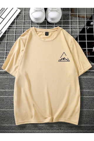 Üçgen Dağ T-shirt - Sarı Baskılı Oversize Bisiklet Yaka Kısa Kol Tişört Sarı