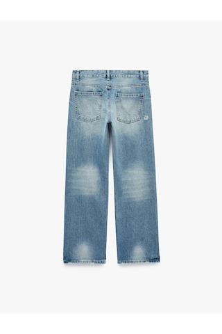 Koton Taşlı Yıpratma Detaylı Cepli Düğmeli Düz Paça Denim Pantolon - Longer Straight Fit Jeans Açık İndigo 7wal40136md