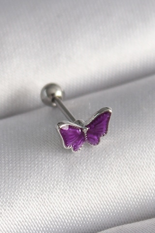 316l Çelik Gümüş Renk Mor Kelebek Model Tragus Piercing Renkli