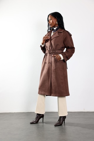 Kahverengi Kruvaze Yaka Süet Kaban 9608 Kahverengi