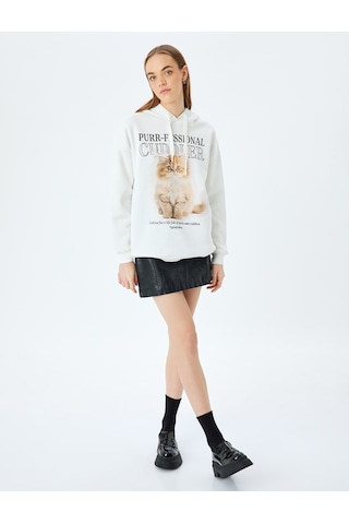 Koton Kapüşonlu Kedi Baskılı Uzun Kollu Rahat Kalıp Sweatshirt Ekru 5sal10480ık Ekru