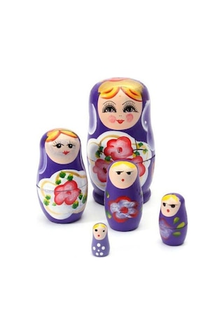 Ahşap Matruşka Bebek Beşli Set Mor