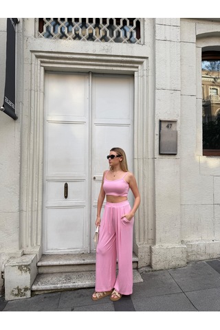 Bonacosa Kadın Viskon 3 Lü Takım Kimono + Beli Lastikli Salaş Pantolon + Crop 8 Renk Pembe