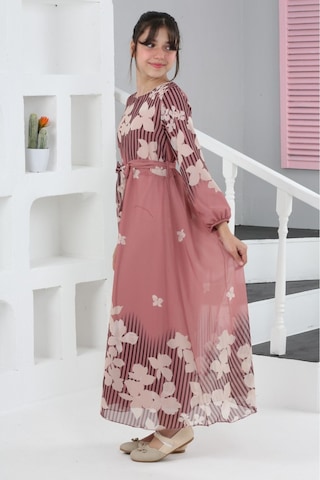 Kız Çocuk Astarlı Tam Boy Çiçek Desenli İç Göstermeyen Şık Ve Rahat Uzun Elbise Pudra