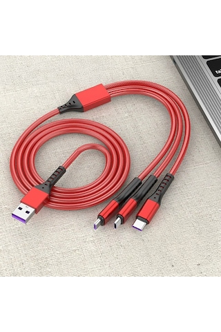 Hasır, 3 İn 1, Şarj Kablosu, Lightning & Micro Usb, Type-c, Ios, - Kırmızı