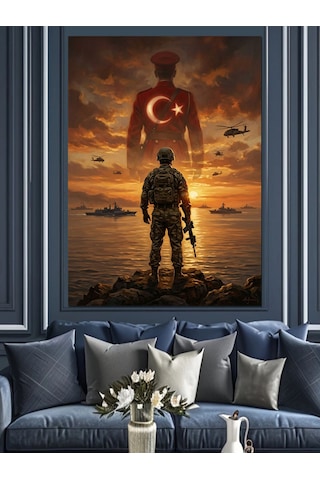 Türk Bayrağı Önünde Nöbetçi Mehmetçik Dekoratif Kanvas - Mdf Ahşap Tablo