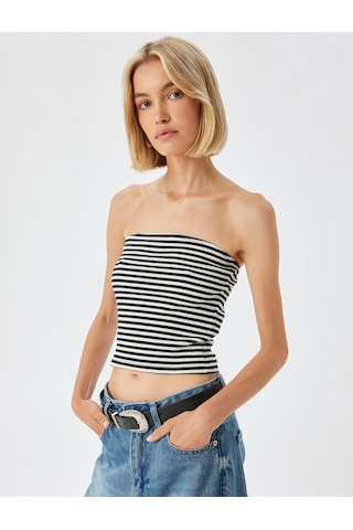 Koton Straplez Crop Üst Ribanalı Slim Fit Siyah Çizgili 4sak10968ek