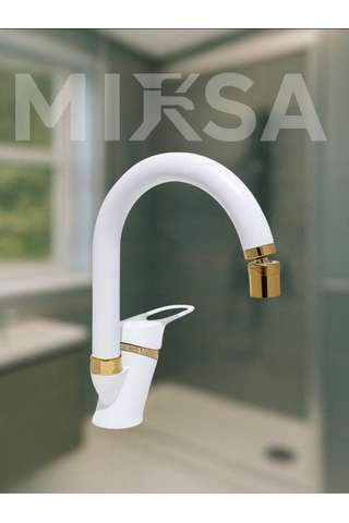 Lüx Beyaz-gold Baston Borulu Oynar Başlıklı Perlatörlü Banyo Lavabo Bataryası, Çiftsugirişli